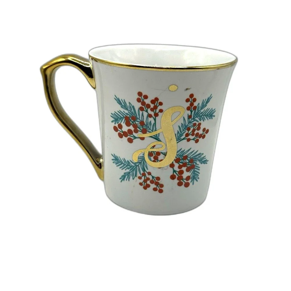 Monogram Letter S Mug 10 Strawberry Street Xmas Gold Filigree Cottagecore